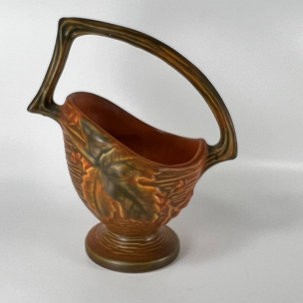 Vtg Roseville Basket Bushberry Branch Handle Russet Ceramic 40s Marked 369 6 1/2